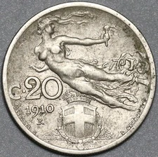 1910 Italy 20 Centesimi AXF Flying Woman Coin (25022303R)