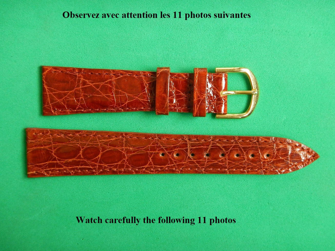 Bracelet montre 20 mm en cuir de crocodile véritable marron brillant de France
