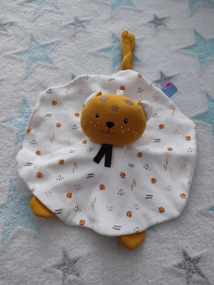 Doudou Plat Chat Léopard Tigre Blanc Jaune Coton Bio Attache Tétine Sucre D'orge - Photo 1/1