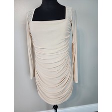 PrettyLittleThing Size 8 Stone Beige Mesh Ruched Bodycon Mini Dress Y2K Club