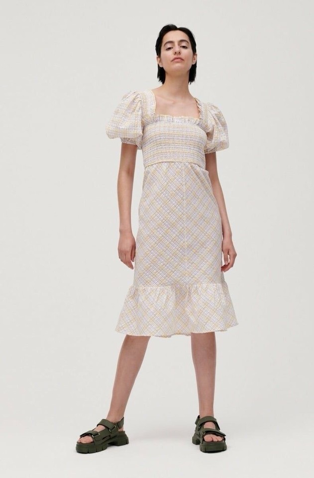 Ganni Size 40 /AU 12 US 8 Seersucker Check Midi Dress Puff Sleeve Organic Cotton