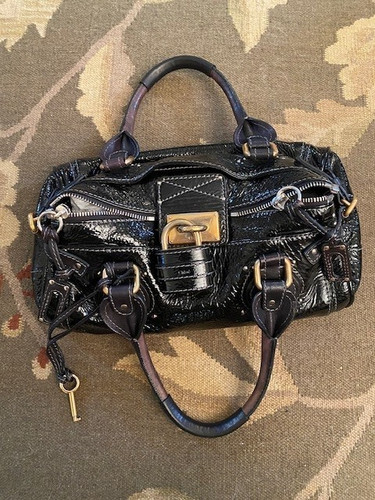 chloe paddington bag black crinkle patent leather with brown/black handles