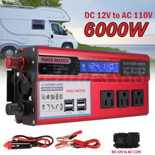 6000W Car Power Inverter DC 12v/24v to AC 110v Travel Car LCD 3 Socket Converter