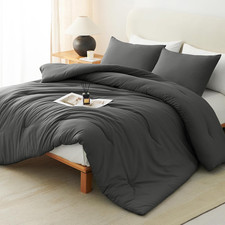 Oversized King Comforter Set Dark Grey, 3 Pieces 120X98 Solid Breathable Bedding