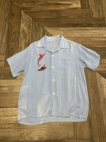Camicia vintage anni 40 50 in rayon con colletto ad anello ricamato motivo pesca M/L