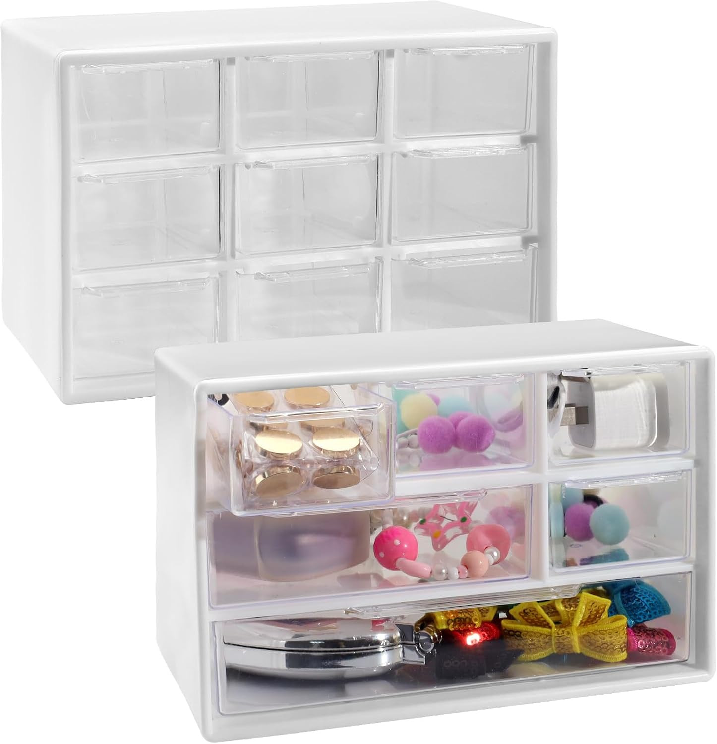 2 Mini Cassetti Trasparenti, Organizer Da Scrivania Con 6 Scomparti, Impilabili 