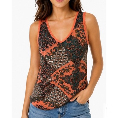 EUC Red Camel Coral Orange Multicolor Paisley Patchwork V Neck Tank Top. Size M