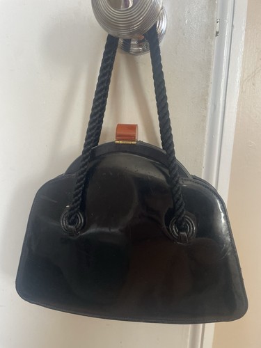 1950-1960s Retro Vintage Handbag Bag Amber Bakelite Black Patent Genuine Leather - Picture 4 of 10
