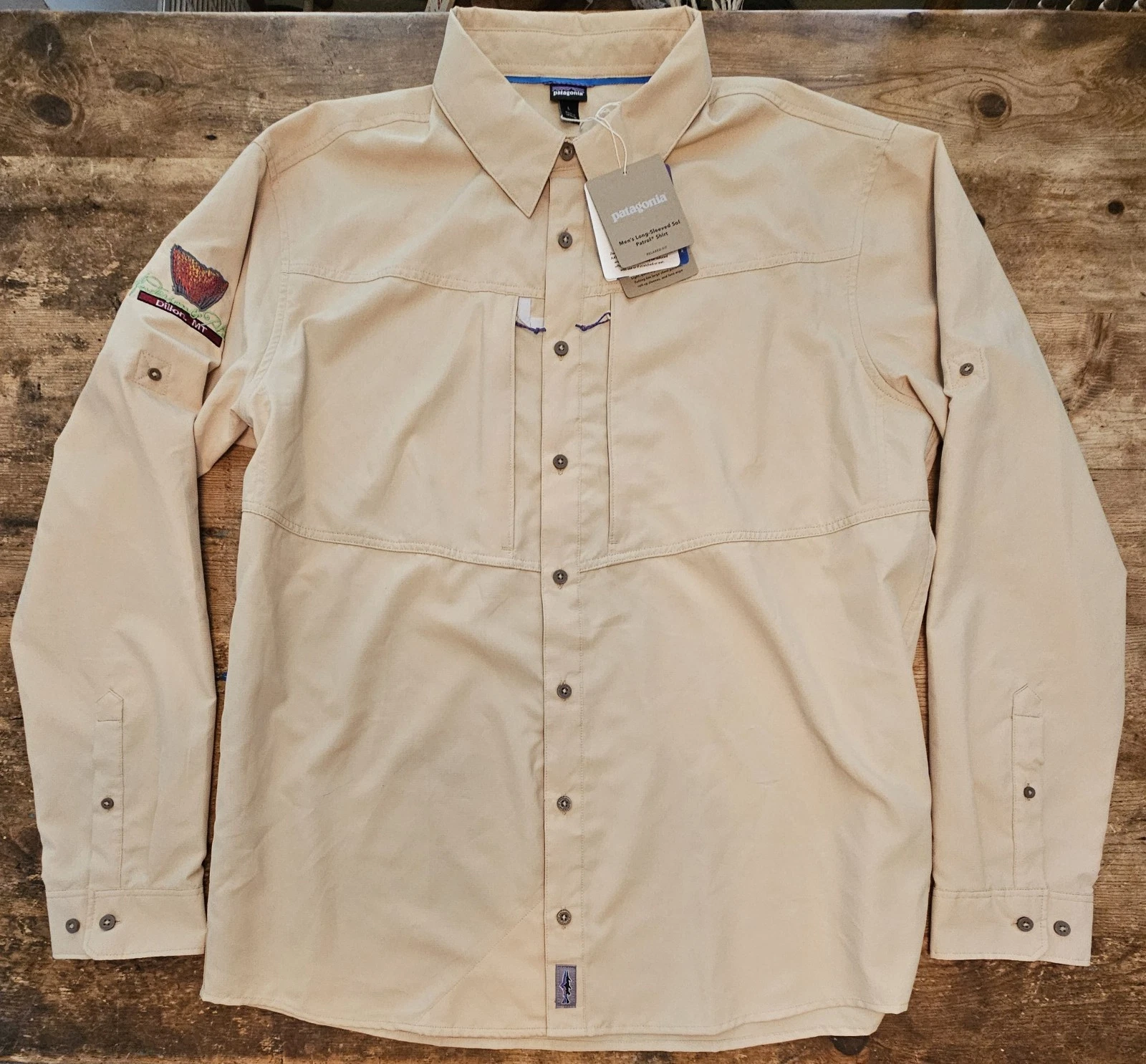 Patagonia Long Sleeve Sol Patrol 50+ UPF Fishing Hiking Camping Tan Shirt Mens L