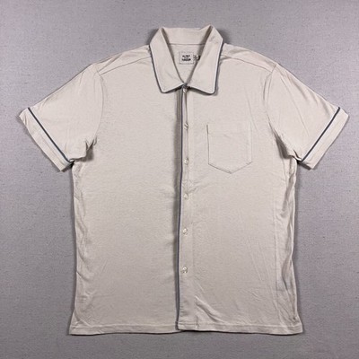 Flint and Tinder Shirt Mens Medium Beige Short Sleeve Piped Button Up Hemp Blend