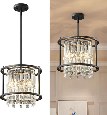 Modern Black Crystal Foyer Chandelier, Adjustable Pendant Light Fixture