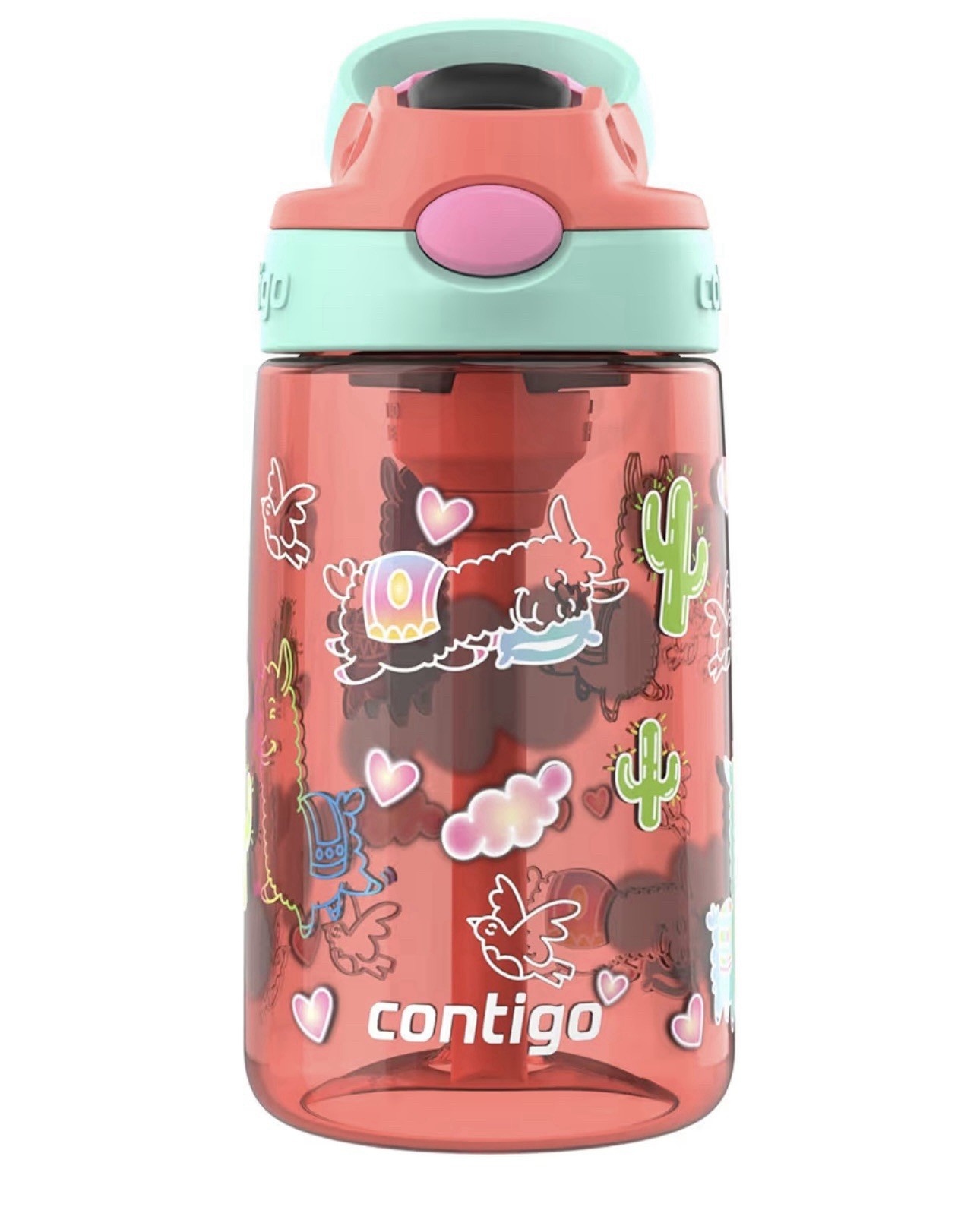 Contigo Autospout Kids Water Bottle, 14oz, Pack of 1, Coral/Llamas