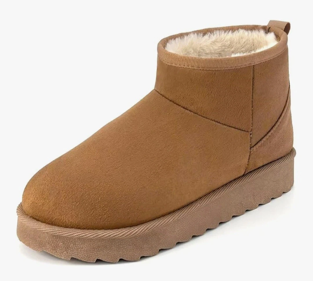 Suede Classic Winter Snow Boots Faux Fur Lined Slip On Ankle Womens Size 9 Brown