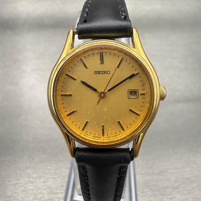 Seiko Watch Women 25mm Gold Dial Gold Tone Date Round V782-6E50 New Battery VTG