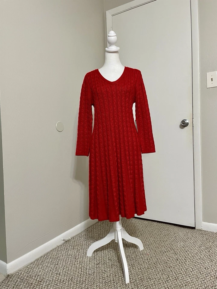 NWT Jessica Howard Sweater Dress L Red Cable Knit Fit Flare Holiday Christmas - Image 2 of 4
