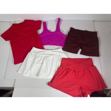 Athletic Workout Set 5 Piece Crop Top Shorts Skirt Red Pink White Brown