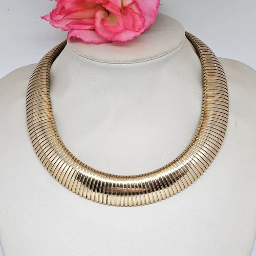 Vintage Gold Tone Omega Choker Necklace 80s/90s Statement Collar Costume Jewelry