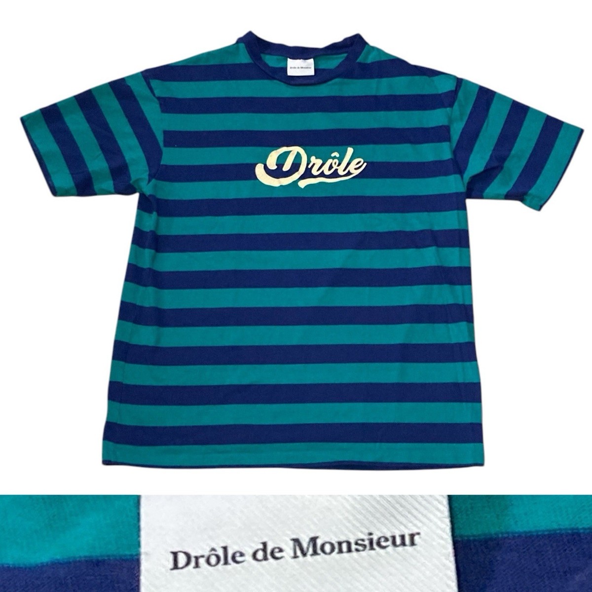 Tシャツ・カットソー Drole de Monsieur Stripe Trim Logo T-Shirt TS146-CO002-FGN Drôle de Monsieur Logo Print Striped Cotton T-Shirt Men's