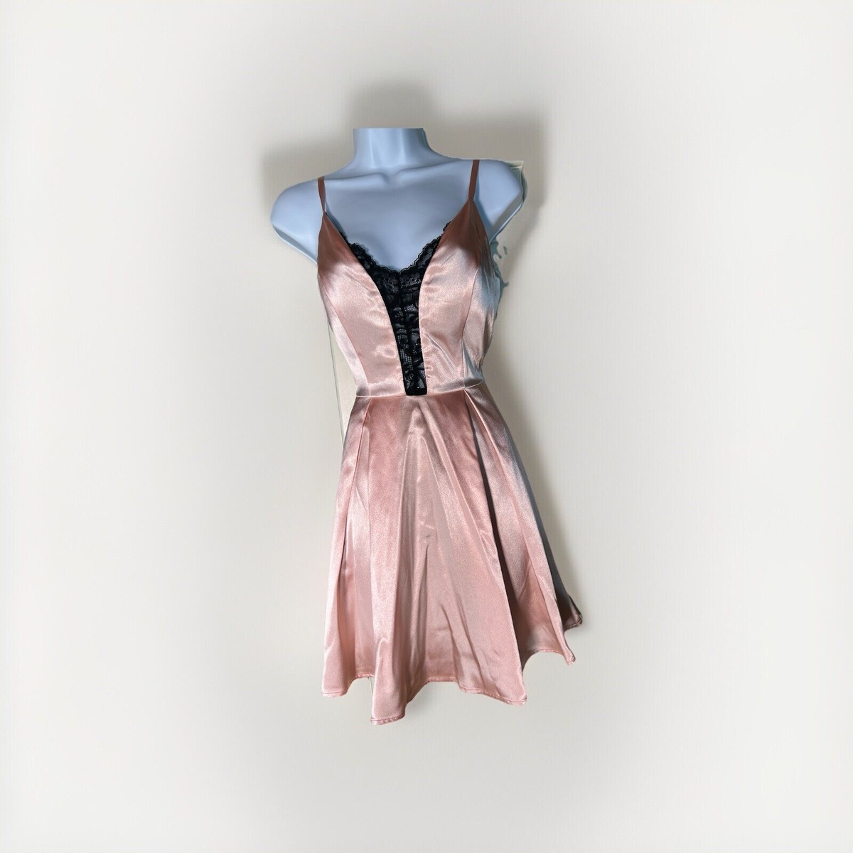 Baby Pink Satin Plunging Black Lace Neckline Dress Mini Short Whimsey Goth  Fairy