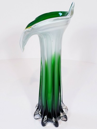 Art Glass Tulip Vase Jack In The Pulpit 11 1/2" White Green Yellow - Picture 4 of 11