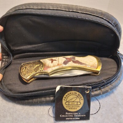 VINTAGE FRANKLIN MINT'S COLLECTORS POCKET KNIFE INLAY OF PHEASANT BIRDS in CASE
