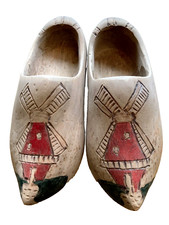 Vintage Pair Child's Wooden Dutch Clogs Shoes Handmade Etched Windmill - Holland