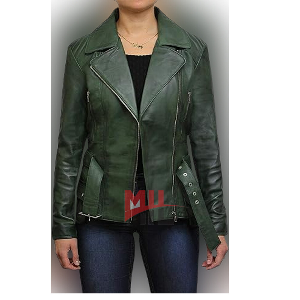 Handmade Womens Green Genuine Leather Jacket, Mid Length Designer Fashion Jacket