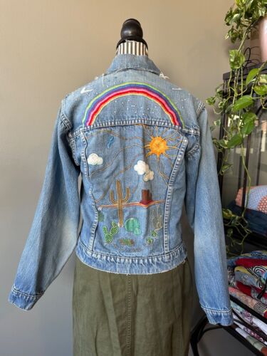 Giacca hippie denim vintage anni 60 cucita a mano Western Cactus ricamo taglia S M - Foto 4 di 10