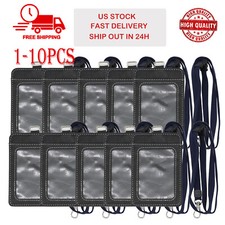 1-10x ID Badge Card Holder Pu Leather Vertical Clip Neck Strap Lanyard Card Case