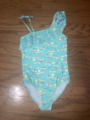 Girls Cat & Jack one piece swimsuit bathing suit blue Rainbows Sun Bird 7/8 Swim