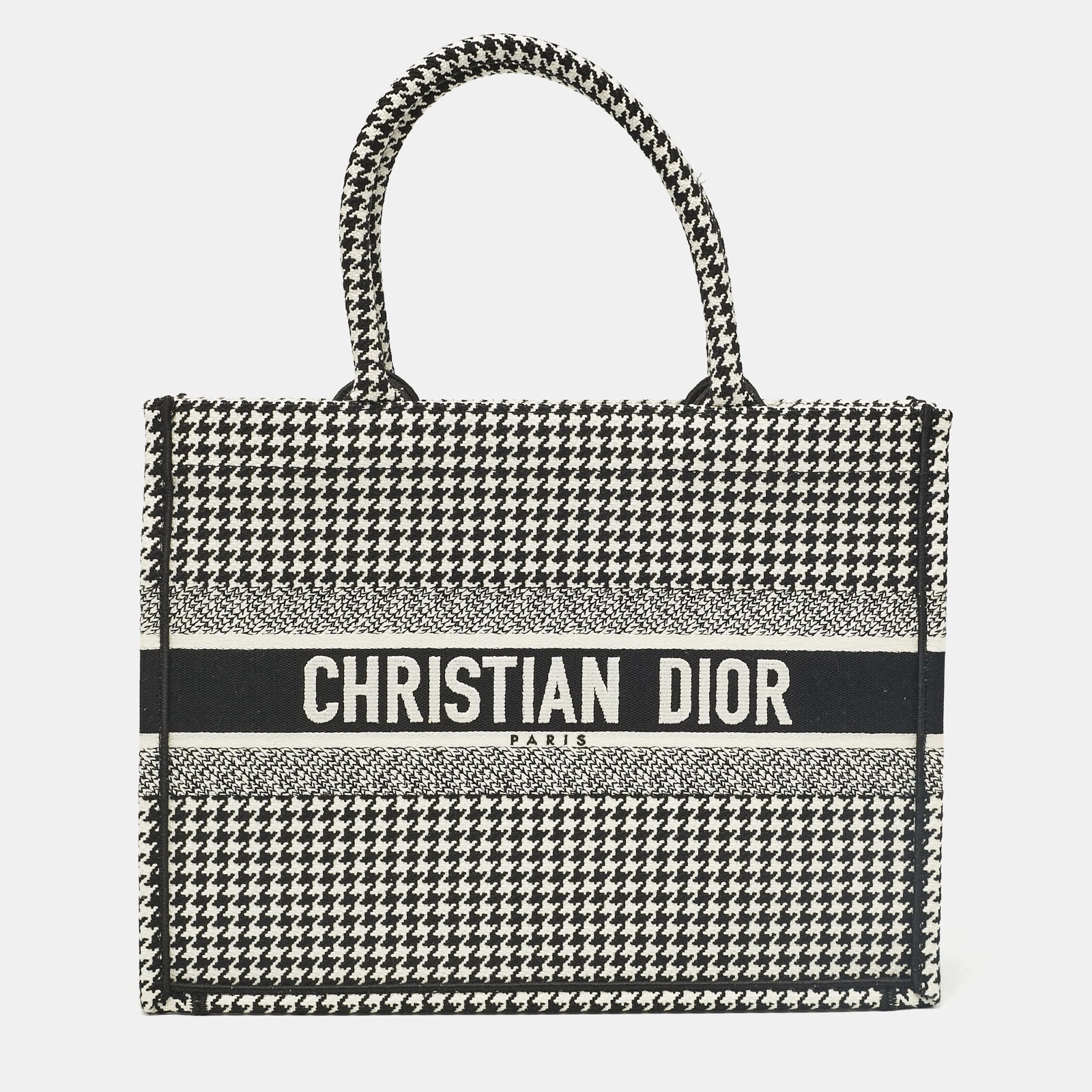 Sac fourre tout Dior en toile noir/blanc pied de poule moyen