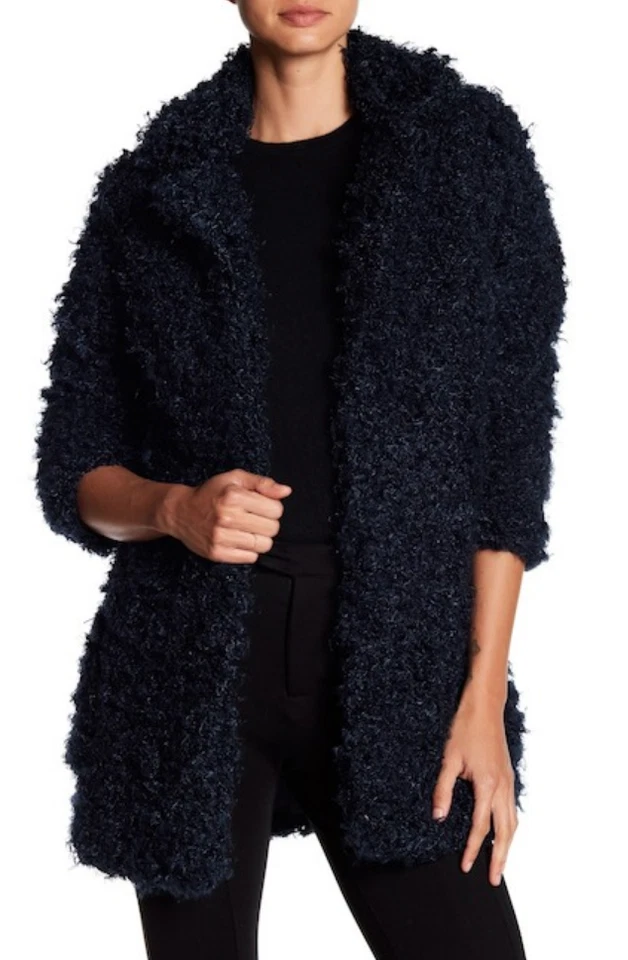 Chaqueta de piel sintética borrosa azul marino de alta costura Romeo & Juliet V7804 para mujer talla S