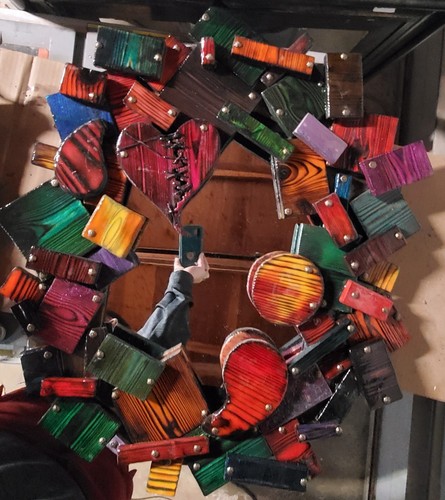 One-of-a-kind, handmade, colorful wooden wall art with mirror. - Picture 3 of 14