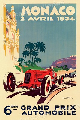 1934 Monaco French Riviera Vintage Style Racing Race Car Poster - 16x24