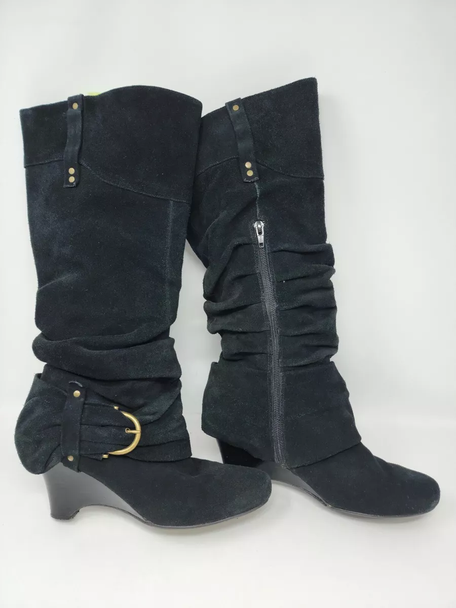 Naughty Monkey Womens 9 Black Suede Leather Knee High Boots Wedge