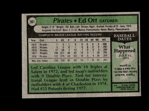 Pittsburgh Pirates Ed Ott #561 Topps Baseball Near Mint or Better top - Picture 2 of 2