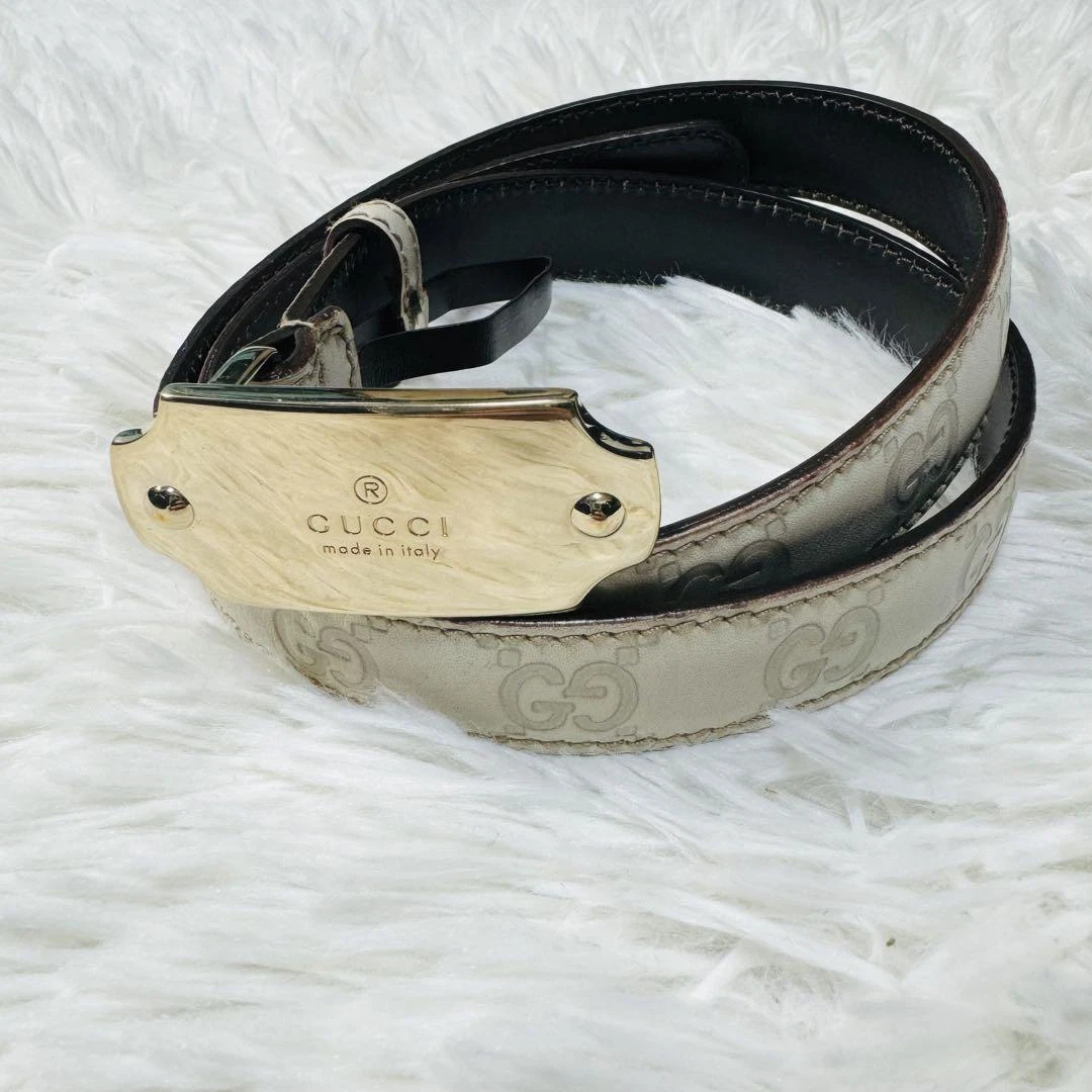 Gucci Ceinture Cuir Guccissima Logo Boucle Taille 85/34 Blanc Or Femme Occasion JPN