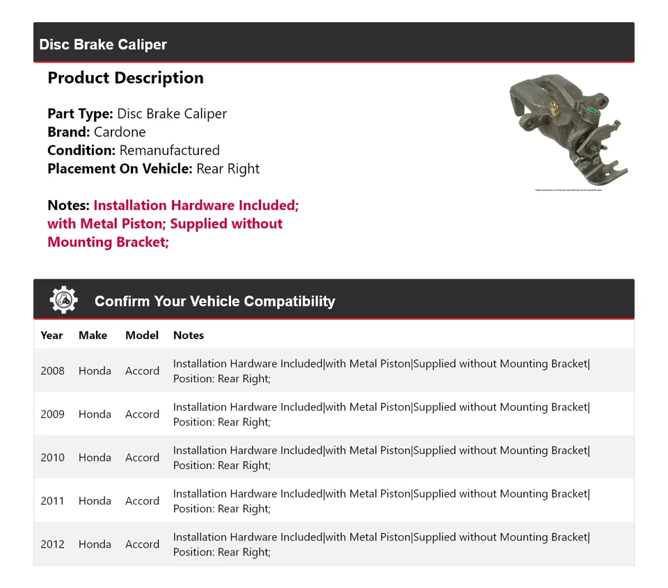 Pinça de freio a disco traseira direita Cardone 2009 2010 2011 para 2008-2012 Honda Accord - Imagem 2 de 4