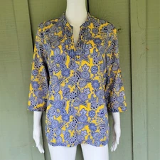 TALBOTS Blue Yellow Floral Tunic Top MP Petite Medium