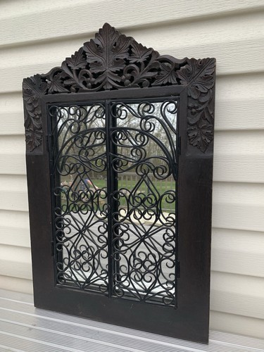 28”x18” Hand Carved Wood Garden Metal Cast Iron Wall Glass Mirror French Door