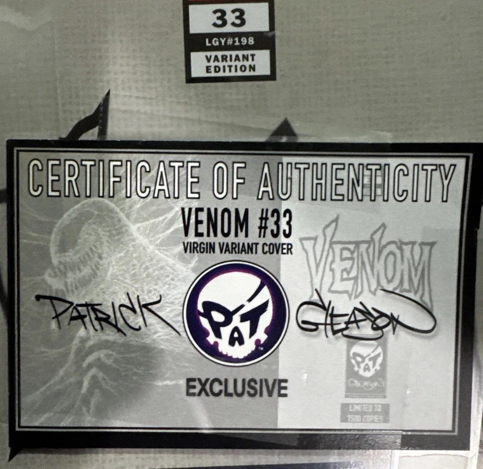 Marvel Comics: Venom #33 cubierta virgen de Gleason con certificado de autenticidad💀33/1500💀rara🔥etiqueta de lujo🔥 Foto 4 de 4