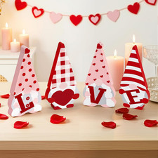 Valentines Day Decorations - 4 Pcs Wooden Gnome Sign, Red and Pink Wooden Tiered