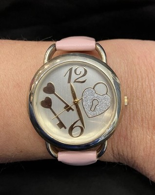 Heart & Key Lock Love Silver Tone Pink Band Women s Quartz Watch New Battery