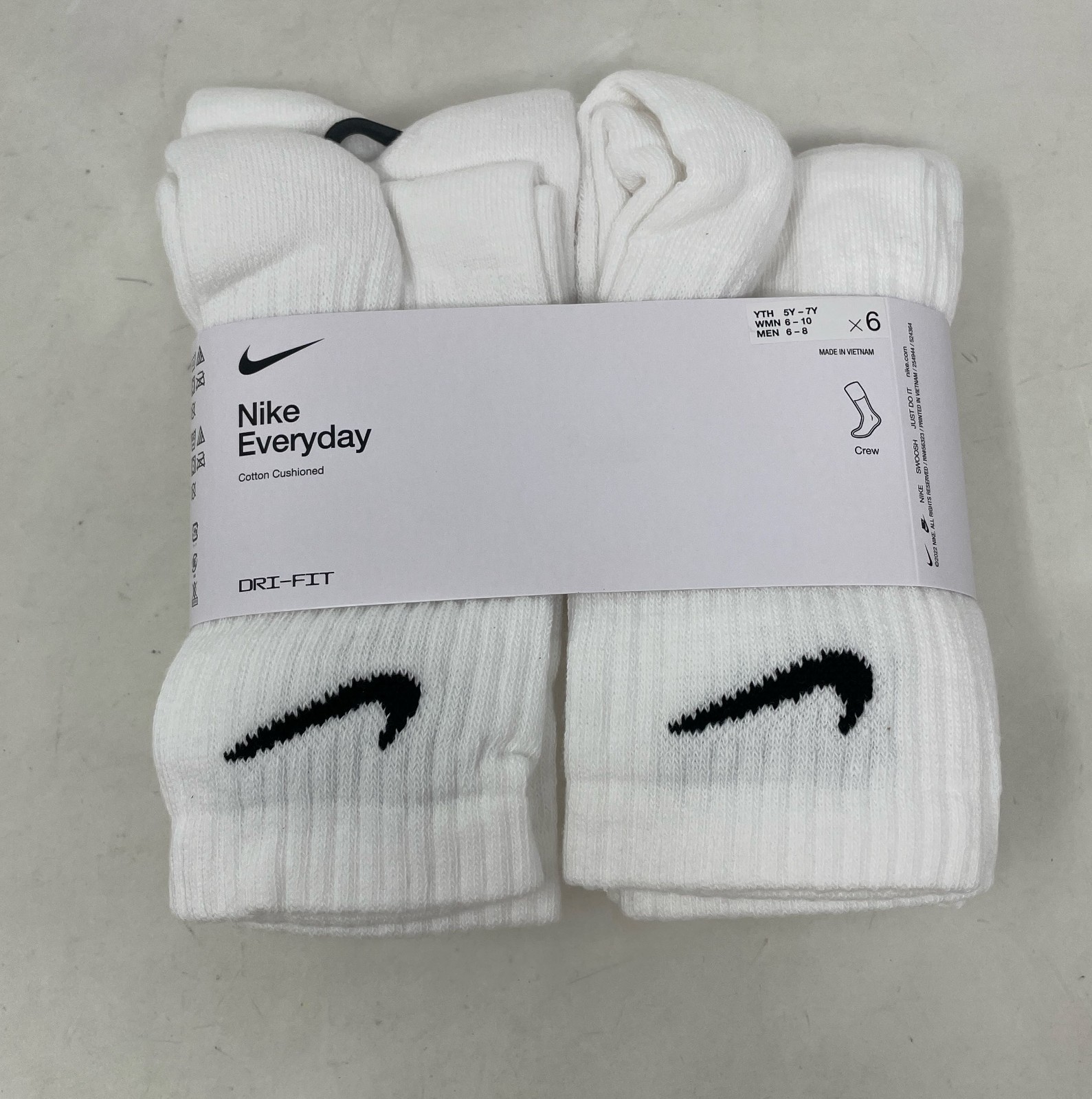 Nike Everyday Cushioned Training Crew Socks 6 Pairs White Size M SX7666-100