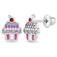 Colorful CZ Cupcake Baby / Toddler / Kids Earrings Screw Back - Sterling Silver