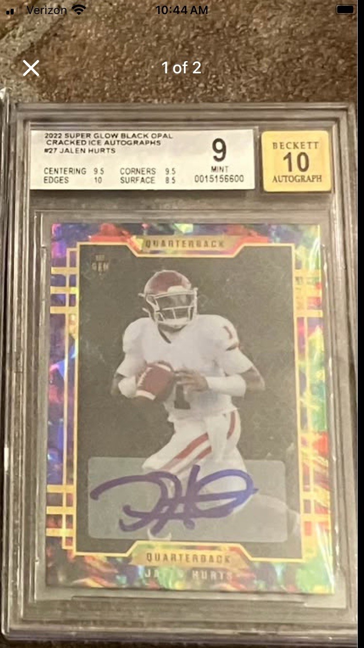 2022 Super Glow Jalen Hurts Eagles Black Opal #27 BGS 9 Auto 10 1/1