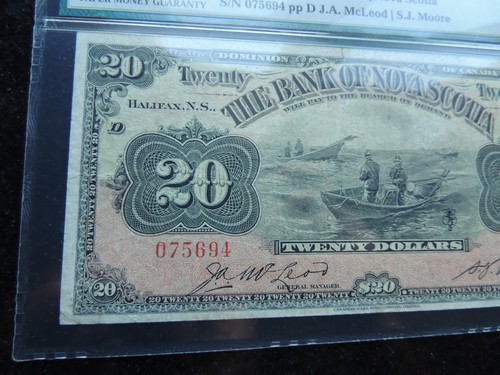 1929 $20 TWENTY DOLLARS BANK OF NOVA SCOTIA CANADA 550-28-22 TYPE 1 PMG VF-25 - Afbeelding 2 van 6