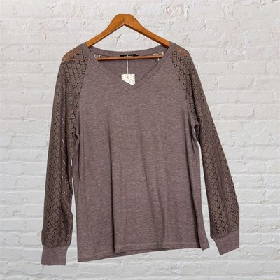 Automet Lace Sleeve Top Women s Large Taupe V Neck Long Sleeve NWT