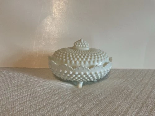 Vintage Fenton Hobnail White Milk Glass Oval Candy Dish w/Lid
