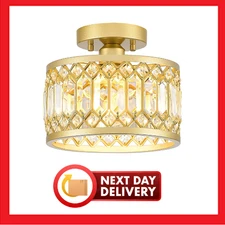 Gold Crystal Semi Flush Mount Ceiling Light Modern 9 Inch Fixture for Hallway